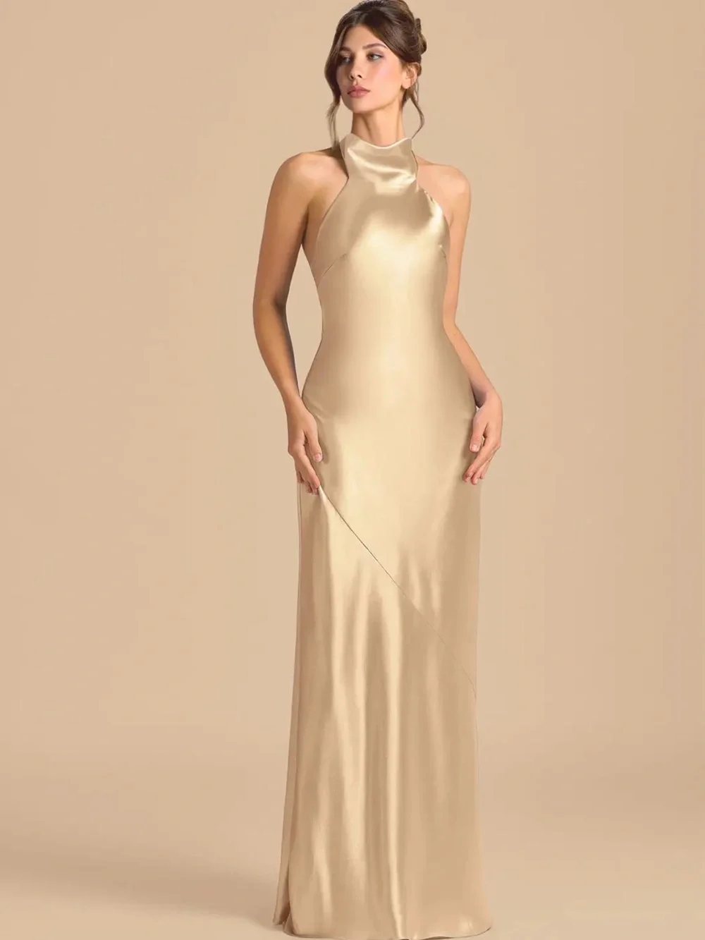 Azazie Velli - Gold Sheath High Neck Metallic Satin Dress A4 Gold - Picture 2 of 3